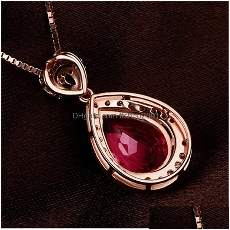 Pendant Necklaces Red Gemstone Water Drop Necklace Rose Gold Chains Diamond Pendant Necklaces Women Wedding Jewelry Will And Sandy Gif Dhcou