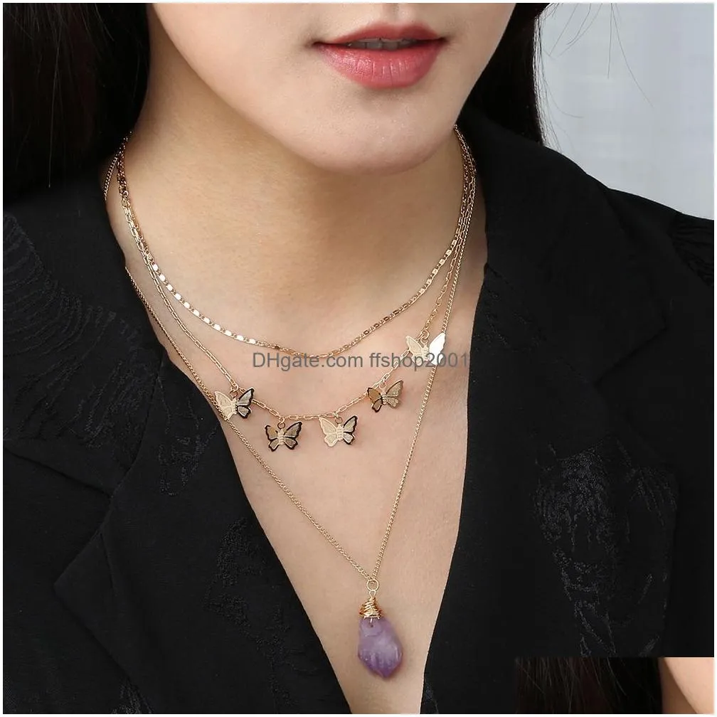 Pendant Necklaces Natural Stone Pendant Butterfly Choker Necklace Collar Gold Chains Mti Layer Wrap Women Fashion Jewelry Will And San Dhnyl