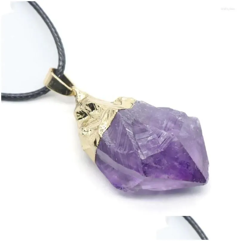 Pendant Necklaces Natural Stone Amethyst Crystal Tooth Cluster Rough Leather Rope Necklace Clothing Accessories