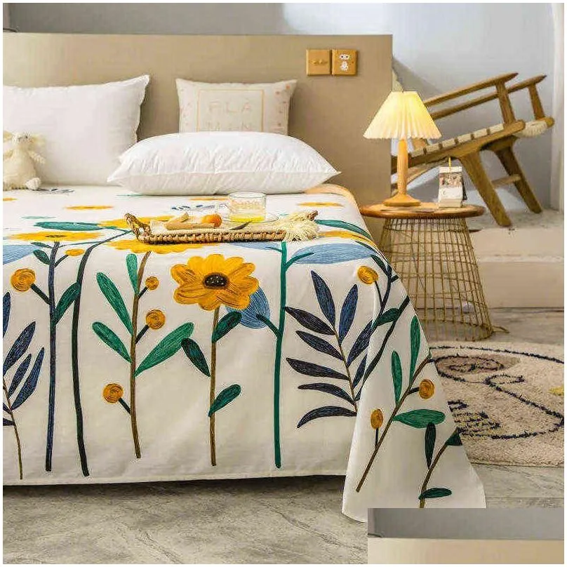 Bonenjoy Pure Cotton Top Sheet Queen King Size Flower Pattern Bed Cover For Double Plain Dyed Flat Sheets No Pillowcase 211110