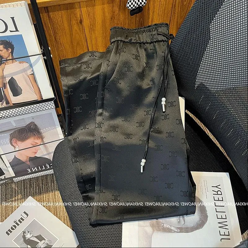 Women's high elastic waist pants sashes with drawstring logo print satin fabric long trousers plus size MLXL