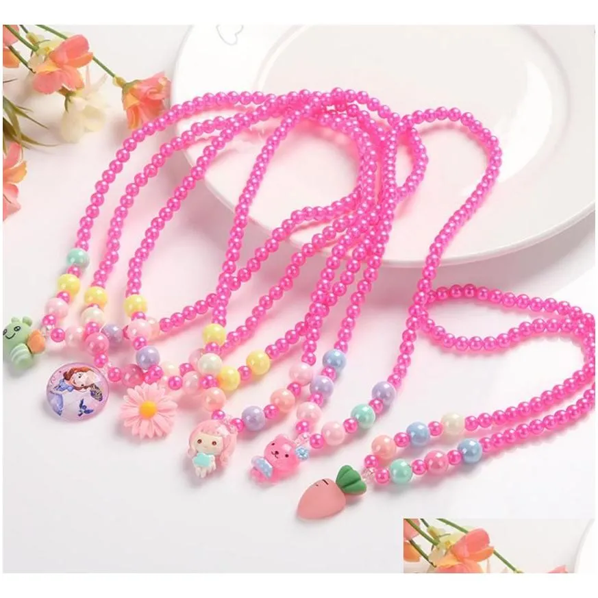 Jewelry Pearl Pendant Necklace Kids Girl Cartoon Animal Fruit Heart Cheery Necklaces Children Jewelry Pink White Birthday Present Drop Dh5Ny