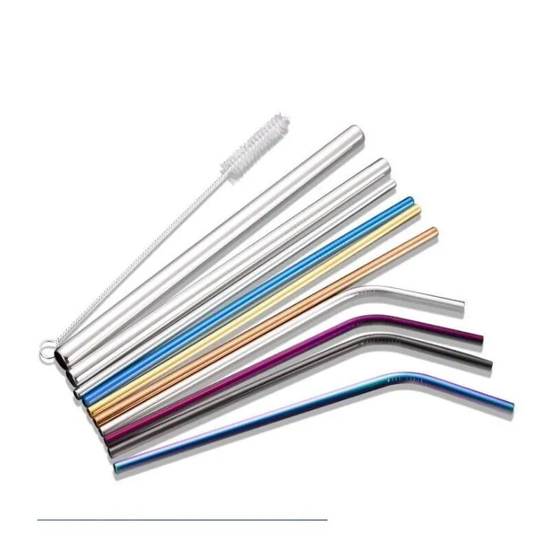 304 Stainless Steel Straw 6*215 mm Drinkware Reusable Colorful Drinking Straws Metal Straight Bent With Case Cleaning Brush Set Party Kitchen Accessory Boutique