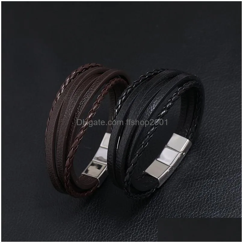 Charm Bracelets Retro Leather Mti Layer Wrap Bracelet Stainless Steel Buckle Bracelets Fashion Mens Bangle Cuff Wristband Jewelry Will Dhxkj