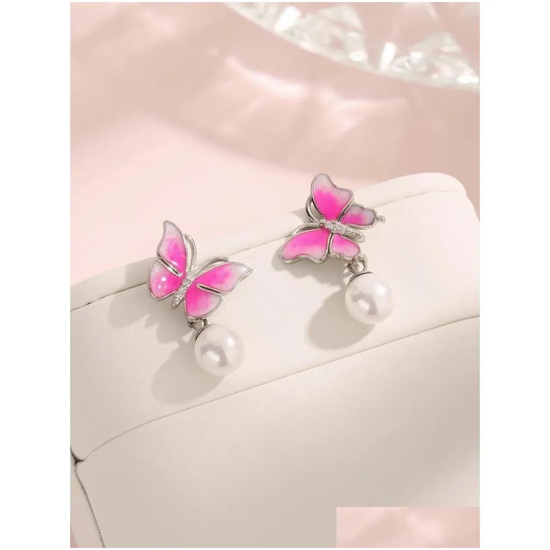 Stud Earrings Selling Sterling 925 Silver Women`s With Cheery Pink Butterfly And Pearl