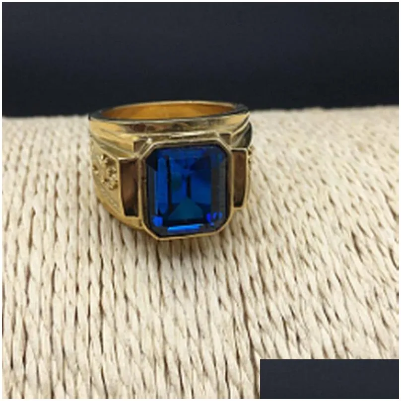 fashion retro gold dragon totem stainless steel rings for men blue rhinestone rings of size 7 8 9 10 11 12