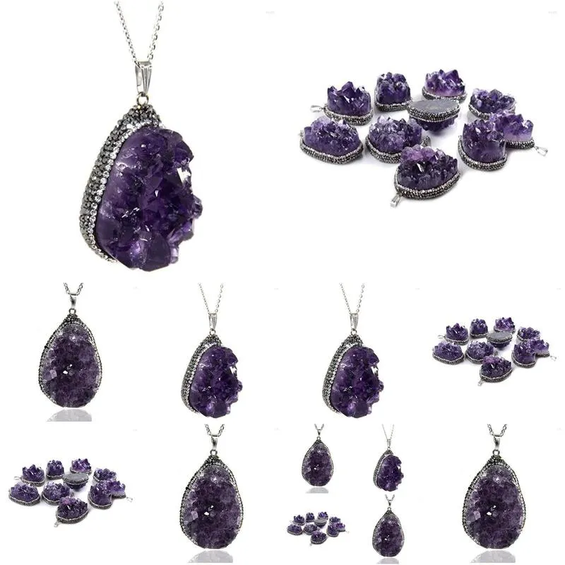 Pendant Necklaces Pendant Necklaces Sier Plated Irregar Shape Natural Purple Amethysts Crystal Link Chain Necklace Ethnic Style Jewelr Dhzfn