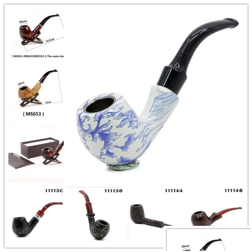 wooden color acrylic hand tobacco cigarette smoking pipe blue and white porcelain pipes with gift box holder bag 7 styles