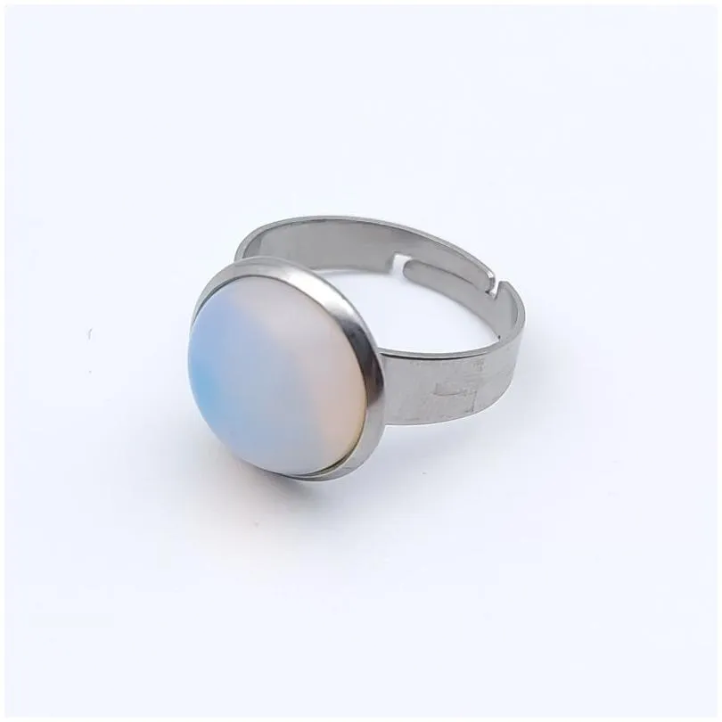 Cluster Rings 12Mm Stainless Steel Round Natural Stone Ring Tiger Eye Opal Pink Crystal Adjustable Rings For Women Pendientes Jewelry Dhdrw