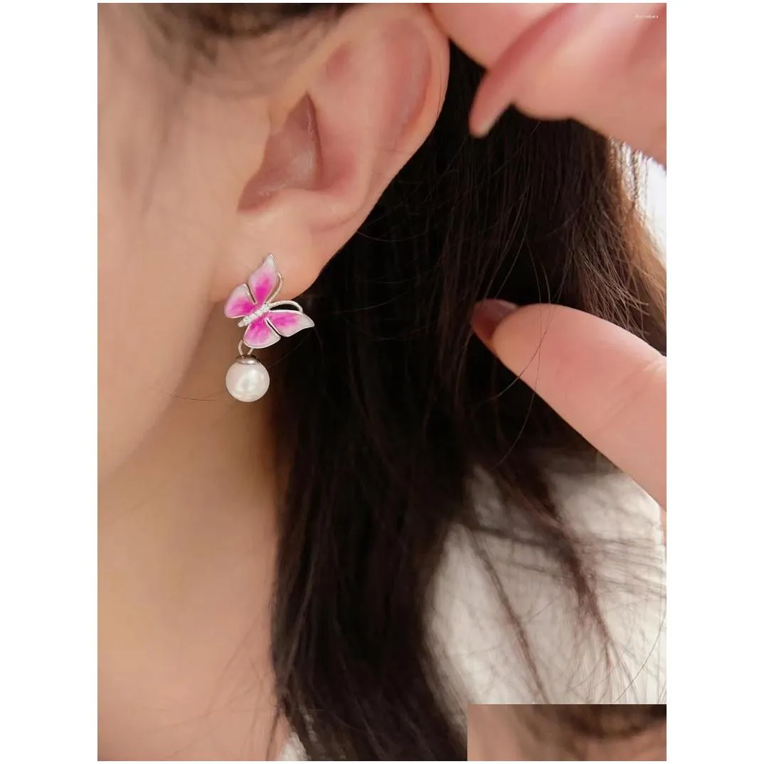 Stud Earrings Selling Sterling 925 Silver Women`s With Cheery Pink Butterfly And Pearl