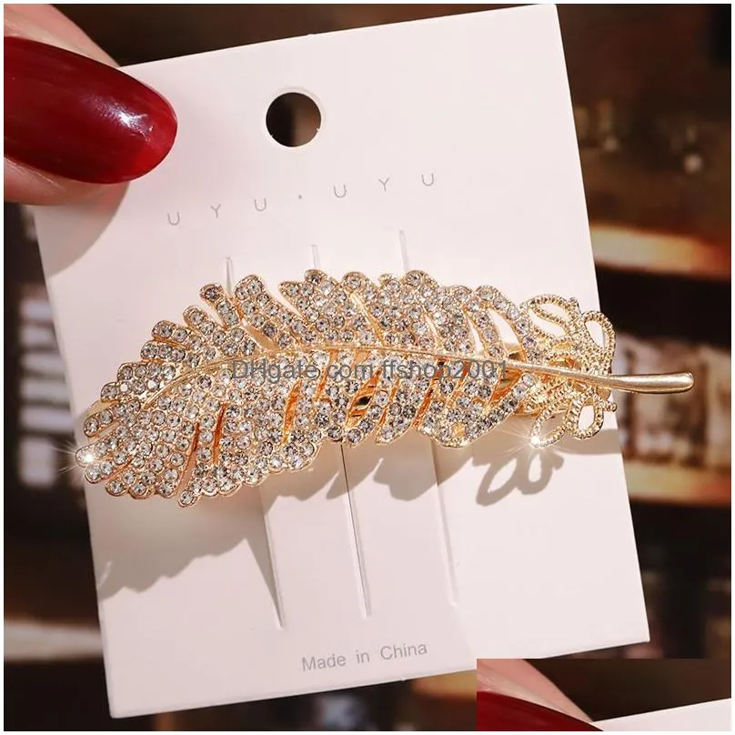 Hair Clips & Barrettes Diamond Feather Hair Clip Barrettes Fashion Sier Gold Headdress Hairpin Spring Clips Bobby Pin For Drop Deliver Dhvme