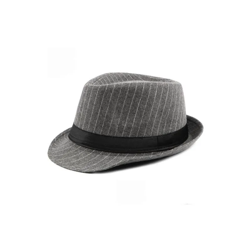 Berets Berets Ht1516 Fashion Men Fedora Hat British Style Striped Trilby Classic Retro Bowler Jazz Casual Grey Black Fedoras Drop Deli Dherf