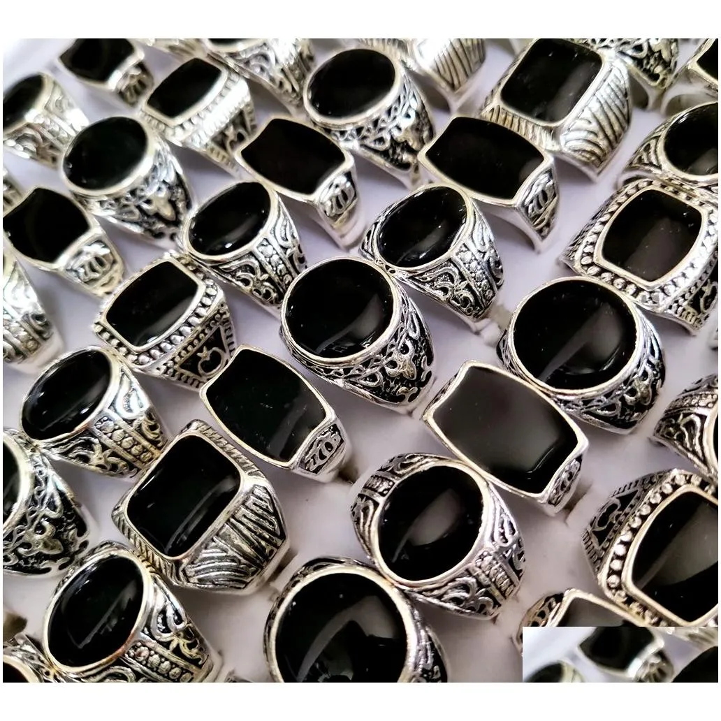 Solitaire Ring Wholesale Lots 30Pcs Design Mix Black Enamel Sier Tone Rings For Men Vintage Man Ring Retro Punk Alloy Jewelry Party Gi Dhrfz
