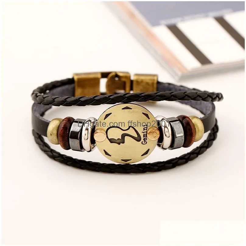 Charm Bracelets 12 Constell Leather Bracelet Bronze Coin Charm Horscope Sign Mtilayer Wrap Bracelets Wommen Mens Bangle Cuff Will And Dhvlo