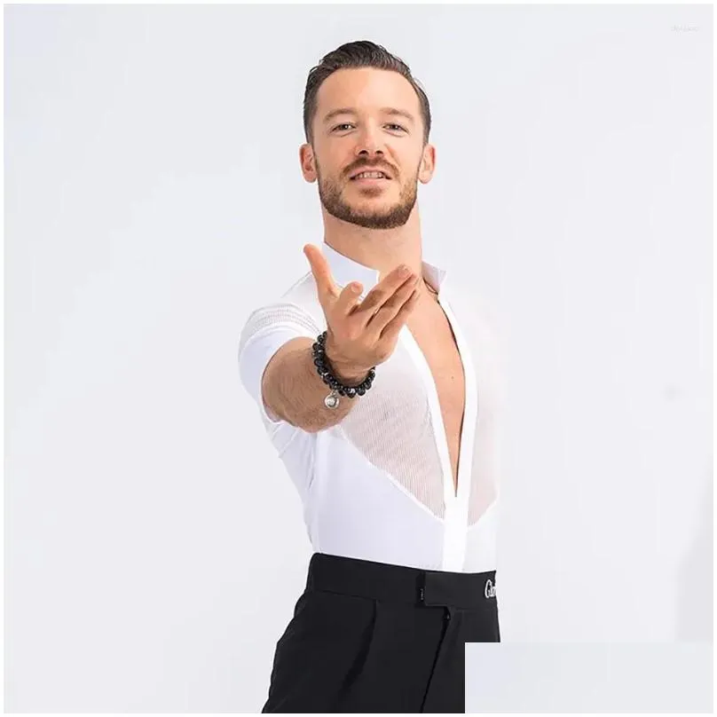 Stage Wear Deep V Neck Short Sleeve Tops Male Latin Dance Dress For Men Performance Ballroom Dancing Costume NY02 516