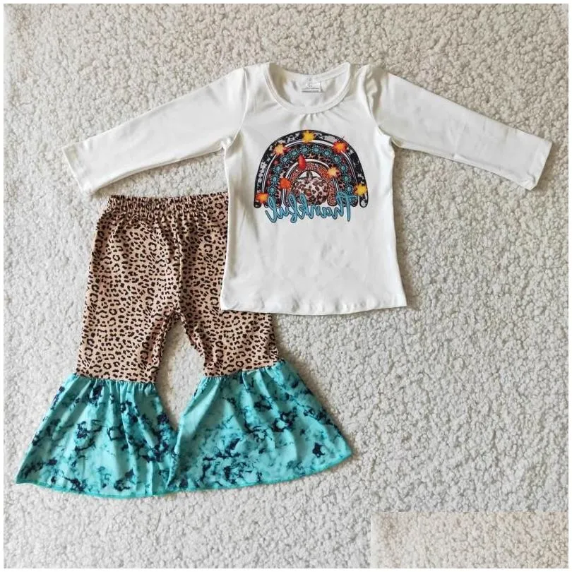 Clothing Sets 2023 Thanksgiving Day Western Style Thankful Tee Leopard Bell Bottoms Set For Baby Girls Designer Outfits