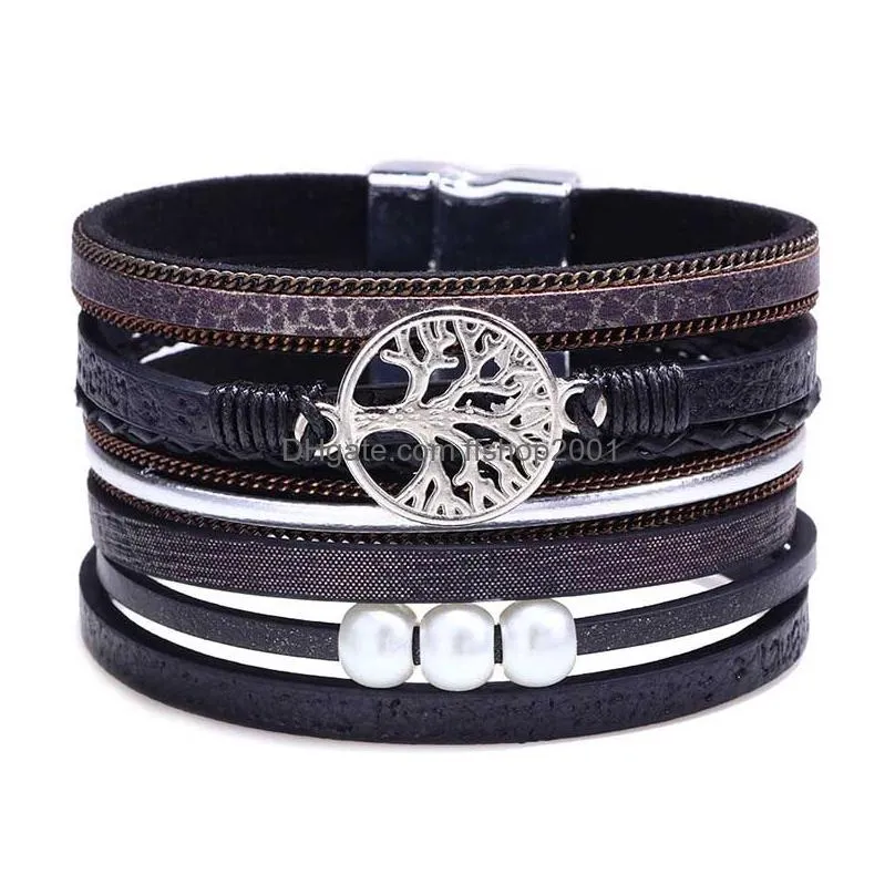 Charm Bracelets Mtilayer Tree Of Life Laugh Every Day Bracelet Magnetic Buckle Leather Women Bracelets Wristband Cuffs Will And Sandy Dhpsa