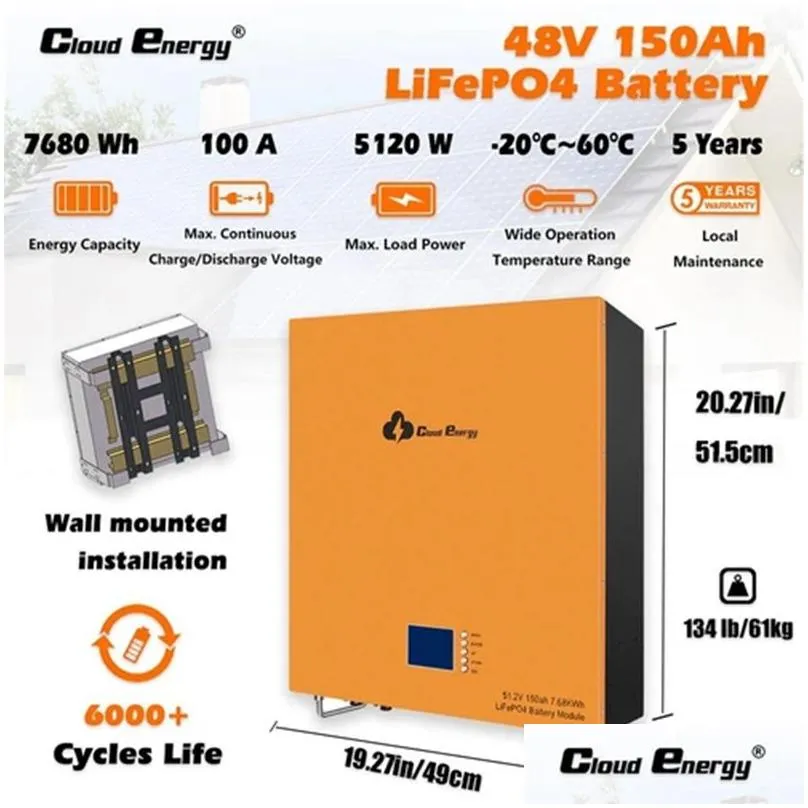 Cloudenergy 48V 150Ah Wall Mounted Lithium LiFePO4 Deep Cycle Battery Pack, 7680Wh Energy, 6000+ Life Cycles, Built-in 100A BMS, for RV, Solar, Marine, Overland,