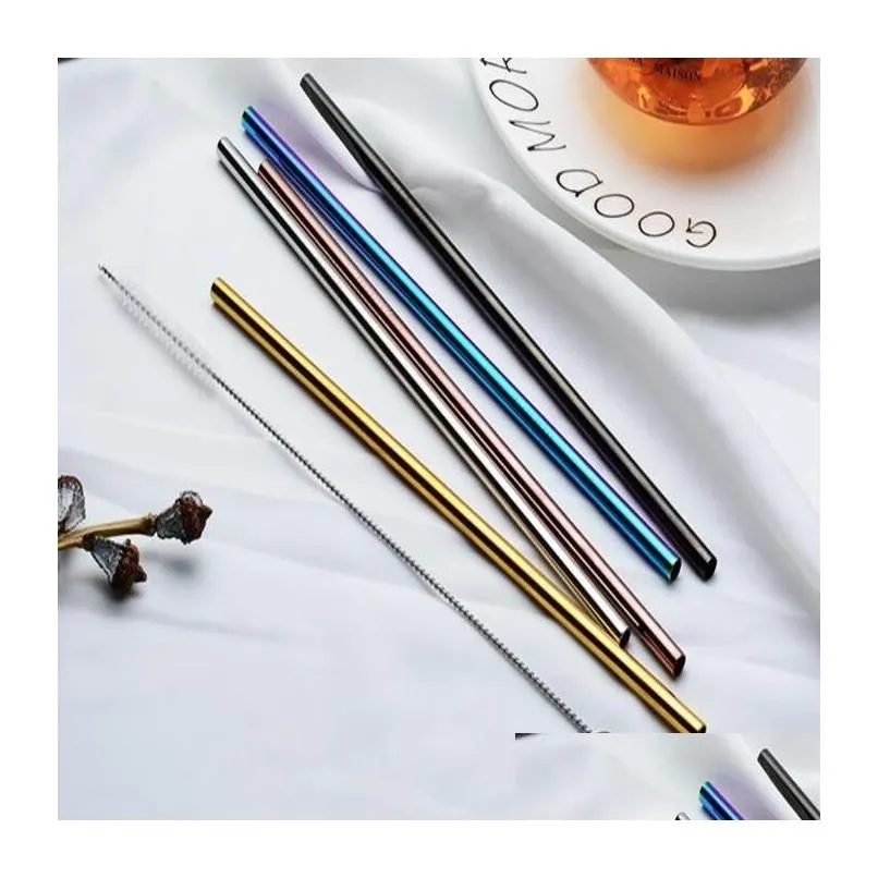 304 Stainless Steel Straw 6*215 mm Drinkware Reusable Colorful Drinking Straws Metal Straight Bent With Case Cleaning Brush Set Party Kitchen Accessory Boutique