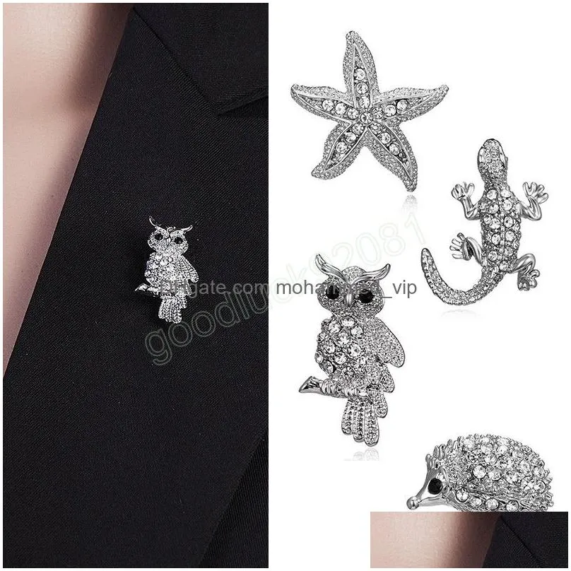 lovely crystal rhinestone animal brooch owl hedgehog starfish clothes lapel pin for women jewelry silver color alloy brooch