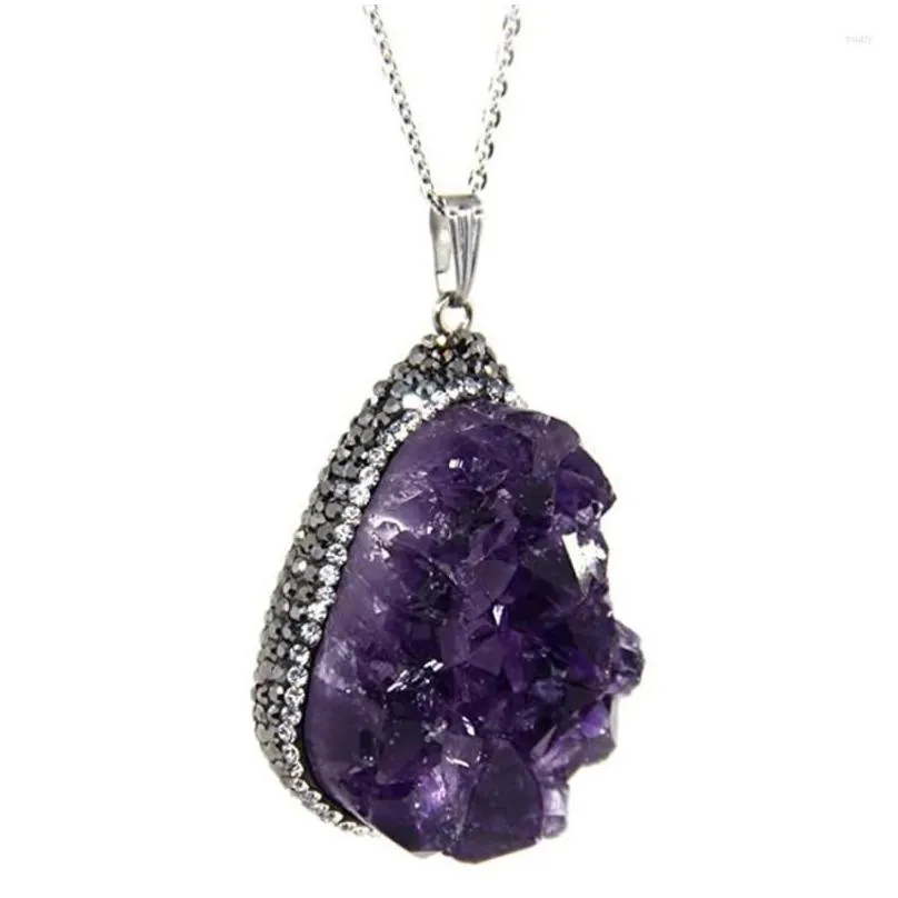 Pendant Necklaces Pendant Necklaces Sier Plated Irregar Shape Natural Purple Amethysts Crystal Link Chain Necklace Ethnic Style Jewelr Dhzfn