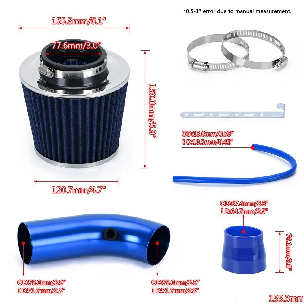 PQY Universal 3quot 76mm Air Filter Cold Air Intake Pipe Turbo Induction Pipes Tube Kit With Filters Cone PQYAIT28IMK145347404