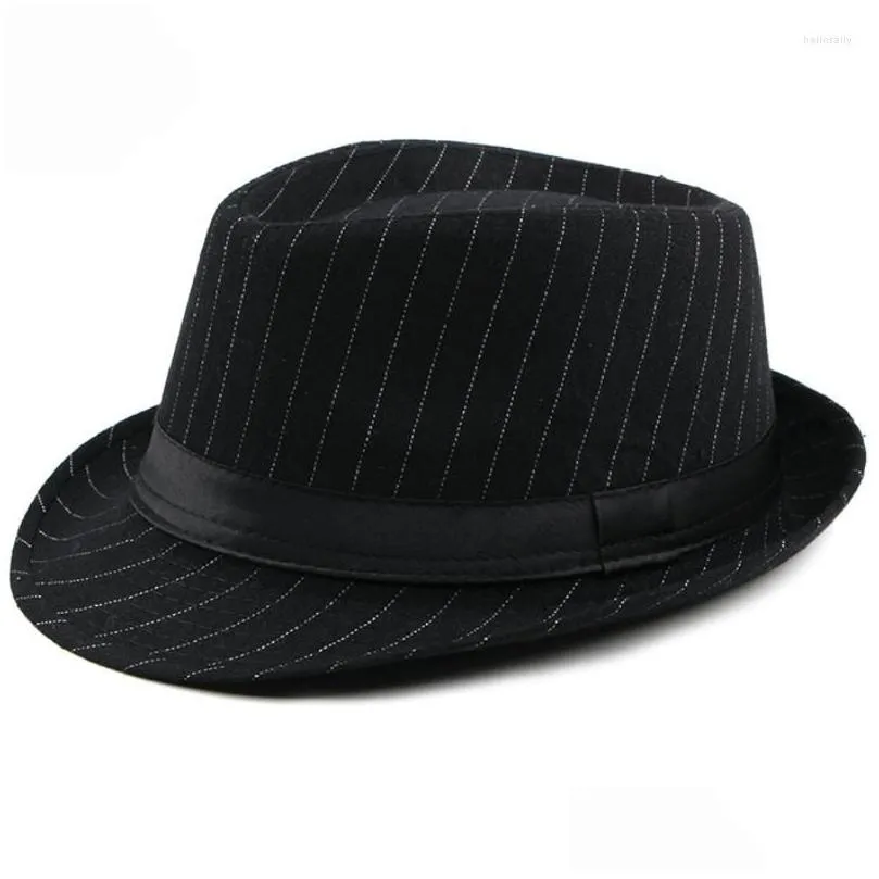 Berets Berets Ht1516 Fashion Men Fedora Hat British Style Striped Trilby Classic Retro Bowler Jazz Casual Grey Black Fedoras Drop Deli Dherf