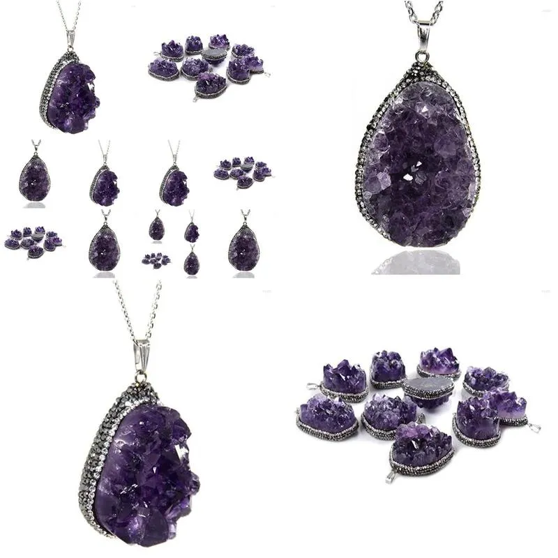 Pendant Necklaces Pendant Necklaces Sier Plated Irregar Shape Natural Purple Amethysts Crystal Link Chain Necklace Ethnic Style Jewelr Dhzfn