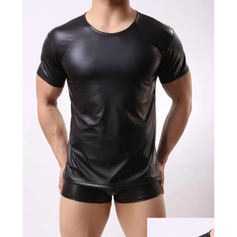 Men`s T-Shirts Men Patent Leather Short Sleeve T Shirts PU Sexy Fitness Tops Gay Latex T-shirt Stage Tee Party Clubwear