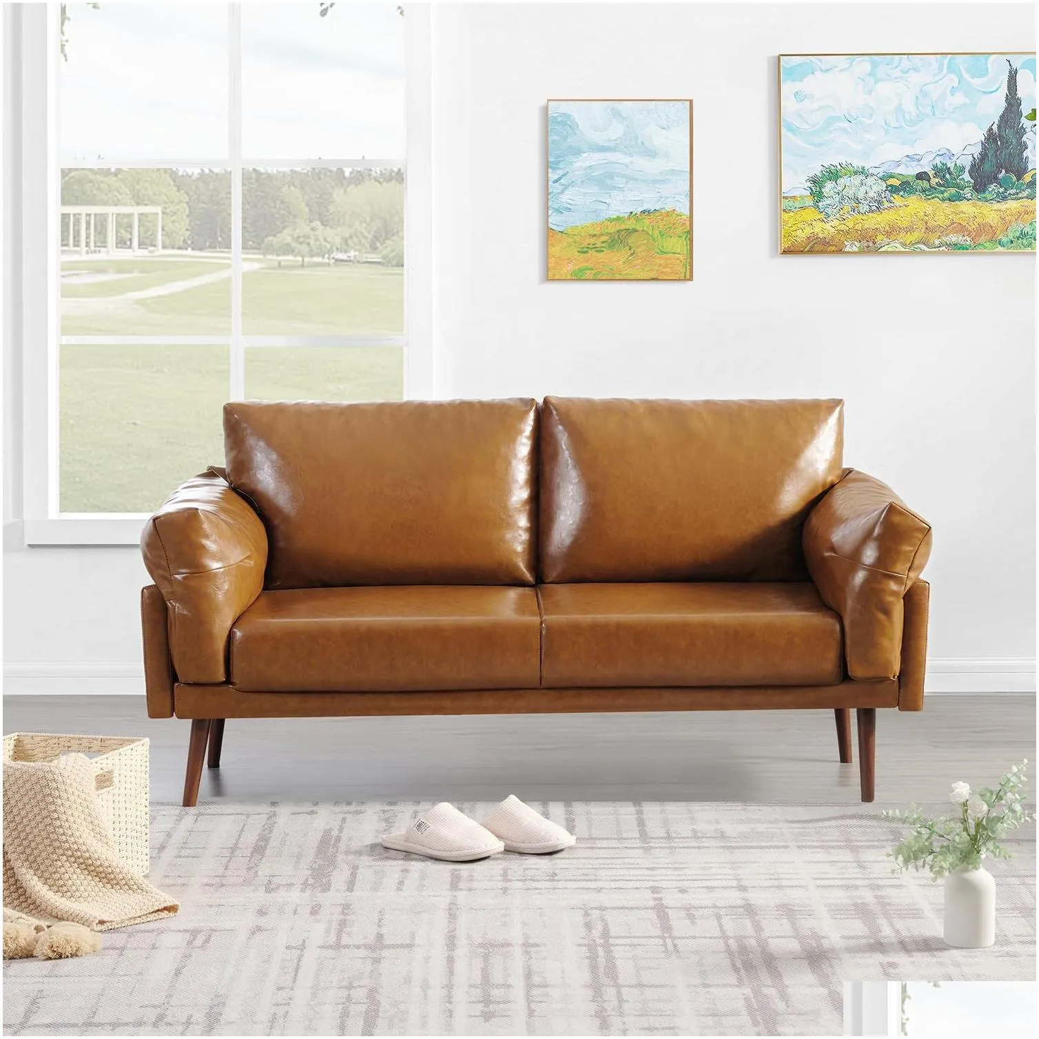 Vonanda Flora Sofa, Faux leather sofa Caramel, 3 seat sofa with soft cloud cushion, 72 inch sofa durable in small space, house, living