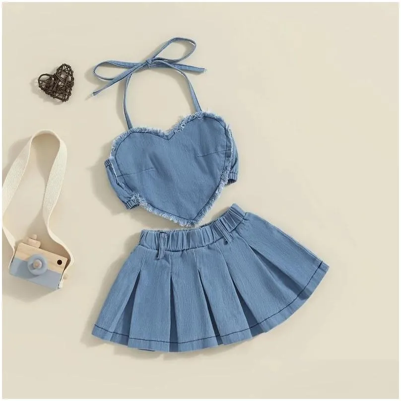 Clothing Sets Pudcoco Toddler Kids Baby Girls 2Pcs Denim Outfits Sleeveless Halter Neck Heart Tops Pleated Skirt Set Kid Clothes 1-6T