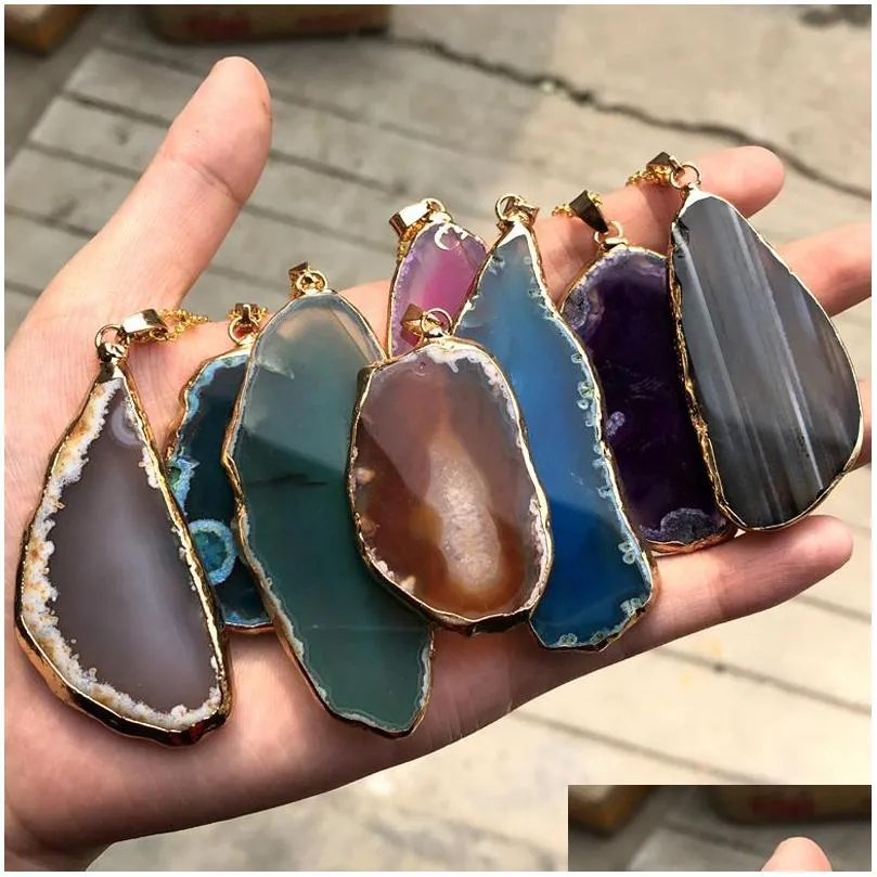 Pendant Necklaces Natural Stone Pendant Necklace Onyx Charms Pendants Mticolor Slice Irregar Agat Crystal Quartz Diy Fit Drop Delivery Dhkc2