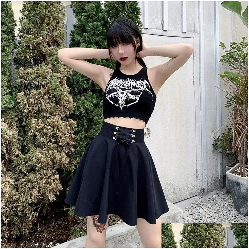 Skirts Women`s Basic Versatile Flared Casual Mini Skater Skirt High Waisted School Goth Punk Black Harajuku