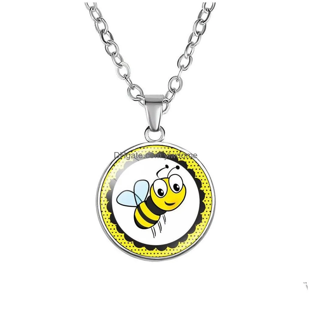 Jewelry Pendant Necklaces Lovely Cartoon Bee Kids Cute Animal Glass Cabochon Round Sier Chains For Boys Girls Children Fashion Jewelry Dhu1N