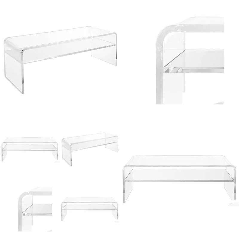 Clear Acrylic Coffee table with Shelf - Entryway and Bedroom Bench; Cocktail Table - Classic Waterfall Design with Rounded Edges