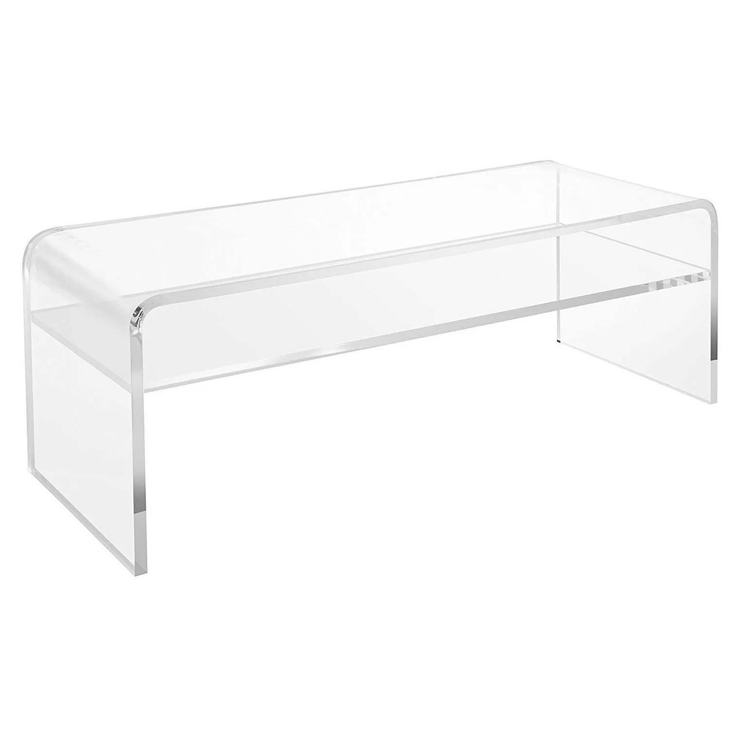 Clear Acrylic Coffee table with Shelf - Entryway and Bedroom Bench; Cocktail Table - Classic Waterfall Design with Rounded Edges