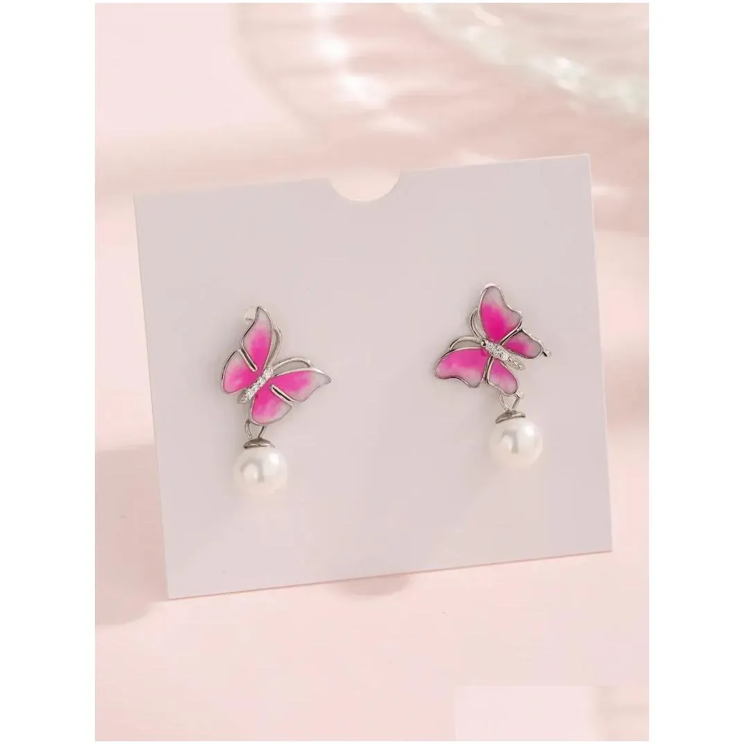 Stud Earrings Selling Sterling 925 Silver Women`s With Cheery Pink Butterfly And Pearl