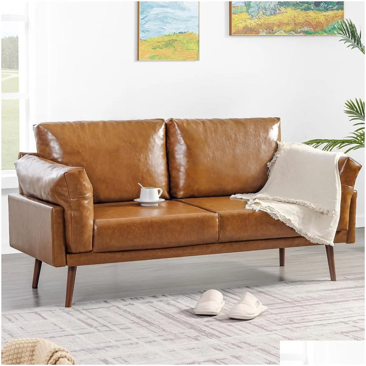 Vonanda Flora Sofa, Faux leather sofa Caramel, 3 seat sofa with soft cloud cushion, 72 inch sofa durable in small space, house, living