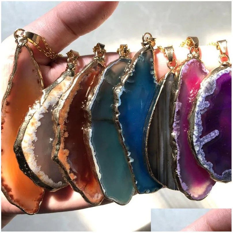 Pendant Necklaces Natural Stone Pendant Necklace Onyx Charms Pendants Mticolor Slice Irregar Agat Crystal Quartz Diy Fit Drop Delivery Dhkc2