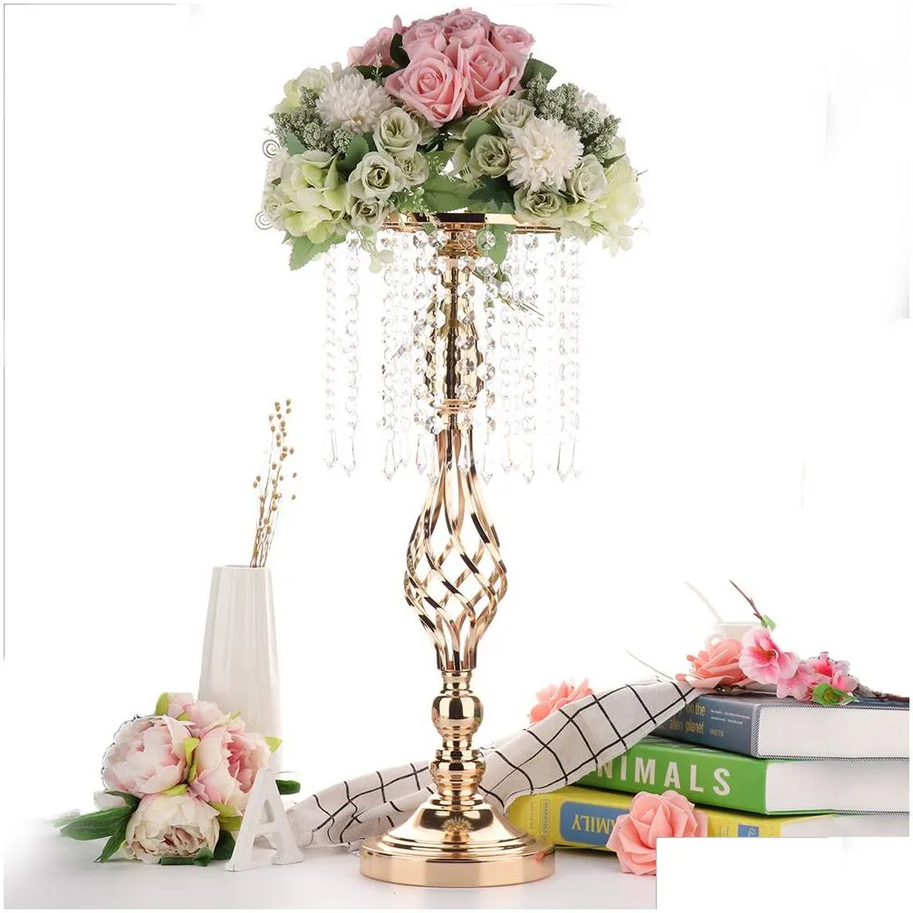 Crystal Candle Holders Metal Candlestick Flower Vase Table Centerpiece Event Flower Rack Road Lead Wedding Decoration Y200110