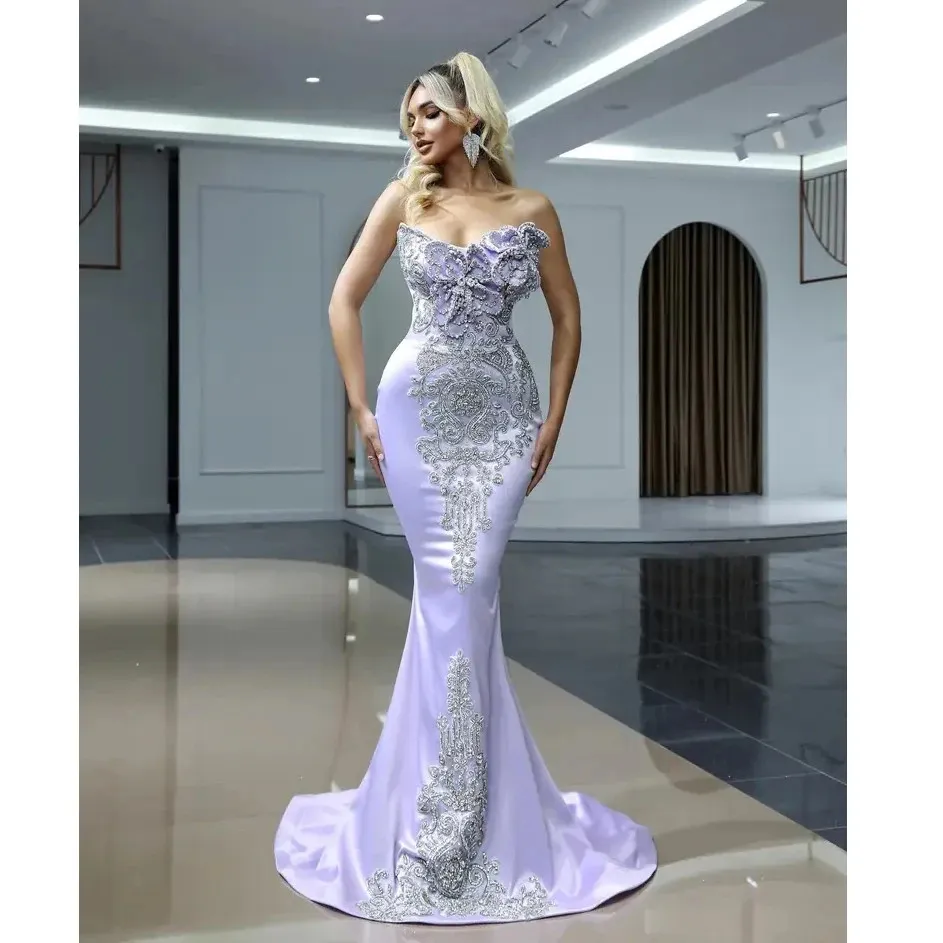 Exquisite Evening Dress For Women Mermaid Appliques Crystal Beaded Sleeveless Floor Length Detachable Train Elegant Gown