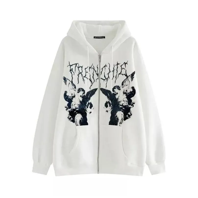 Women`s Hoodies & Sweatshirts Vintage Angel Print Oversized Female Zip Up Long Sleeve Sweatshirt Y2K Aesthetic Autumn Grunge