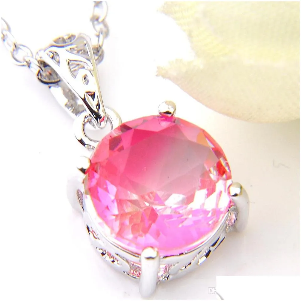 Earrings & Necklace Luckyshine Women Gift Round Pink Bi Colored Tourmaline Gems 925 Sterling Sier Plated Pendants Drop Earrings Engage Dhwad