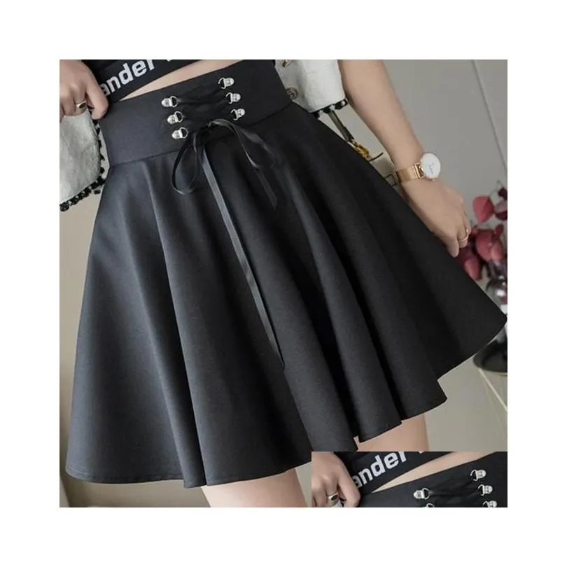 Skirts Women`s Basic Versatile Flared Casual Mini Skater Skirt High Waisted School Goth Punk Black Harajuku