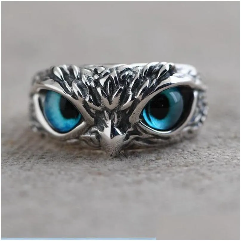Band Rings Wholesale 20Pcs Owl Ring Eyes Sier Plate Rings Vintage Men Women Punk Rocker Cool Drop Delivery Jewelry Ring Dhte4