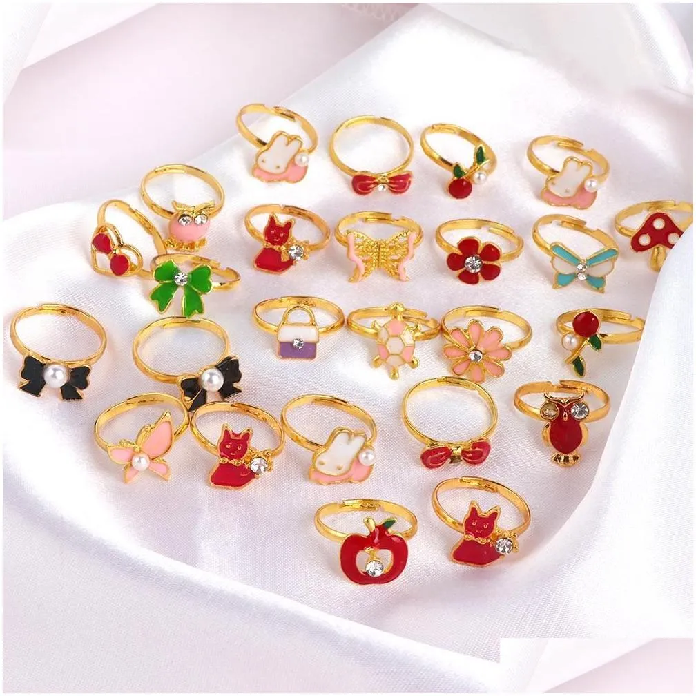 10/20/36 pcs cute finger rings enamel open adjustable wholesale colorful heart flower animal pretend play makeup toys cartoon crystal jewelry for kids girls
