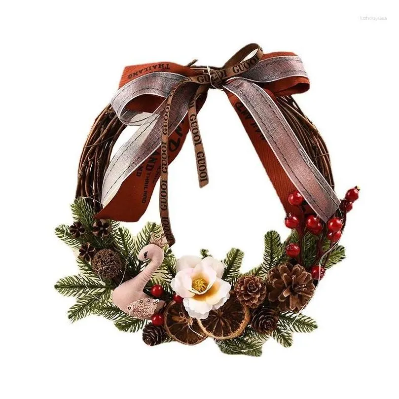 Decorative Flowers Christmas Garland Rattan Wreath With Light Xmas Ball Ornament Hanging Decoration For Year Party Home Wall Room