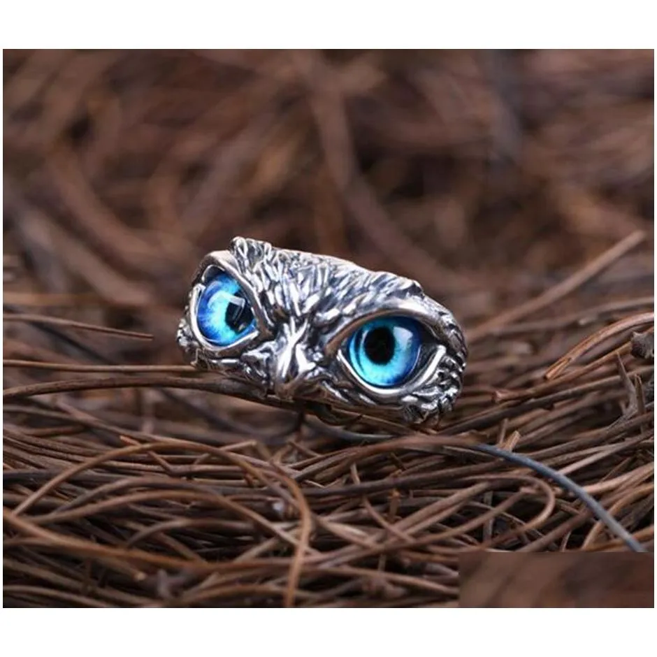 Band Rings Wholesale 20Pcs Owl Ring Eyes Sier Plate Rings Vintage Men Women Punk Rocker Cool Drop Delivery Jewelry Ring Dhte4