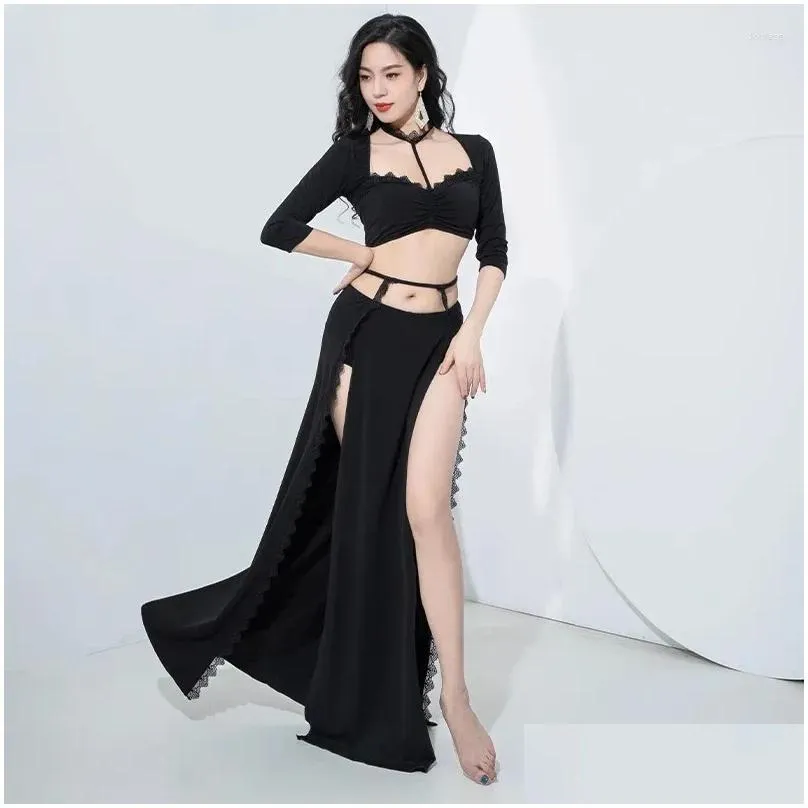 Stage Wear Sexy Lace Women Dance Clothes Girls Outfit Class Suit For Group Belly Costume Set 2pcs Halter Top And Long Skirt