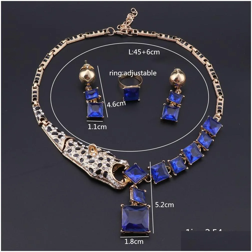 Wedding Jewelry Sets Leopard Panther Animal Jewelry Set Enamel Crystal Rhinestone Sier Plated Necklace Earrings Ring For Drop Delivery Dh2Pw
